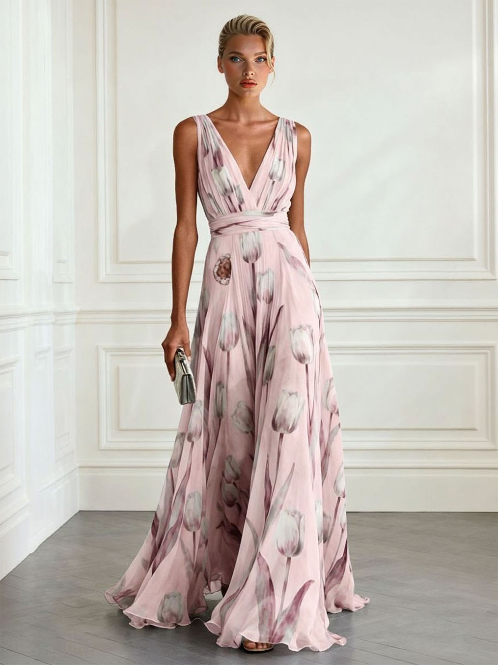 Elegant Tulip Print V-neck Maxi Dress – Likemychoice