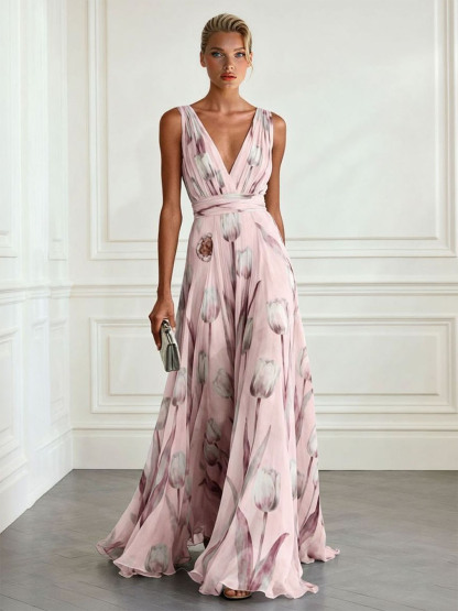 Elegant Tulip Print V-neck Maxi Dress