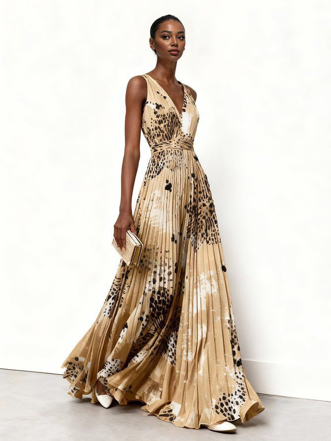 Elegant Sleeveless Pleated Abstract Animal Print Maxi Dress