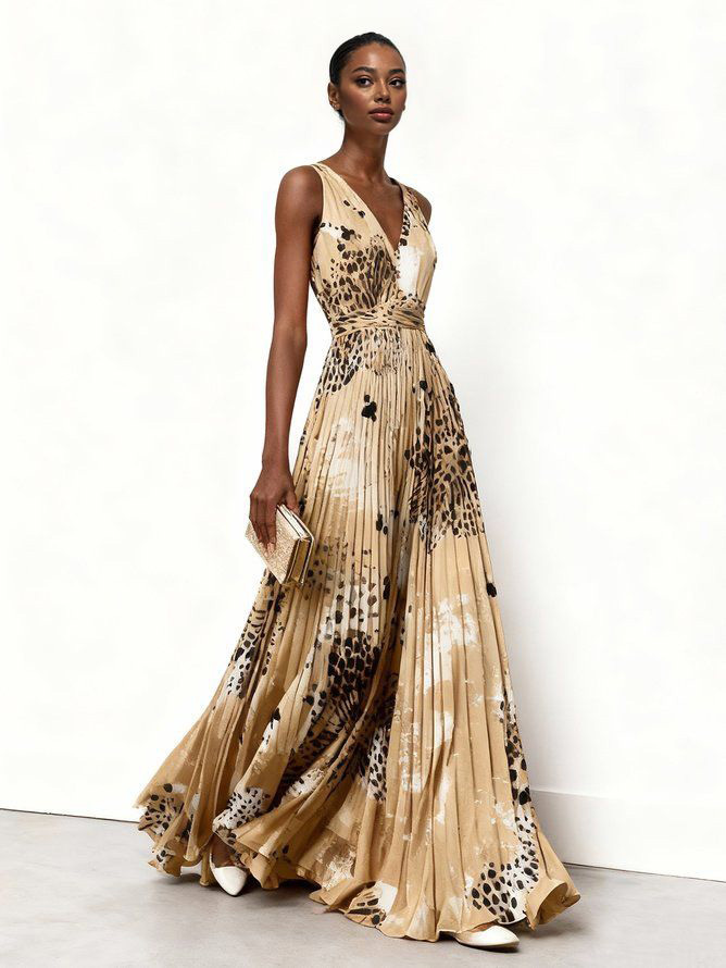 Elegant Sleeveless Pleated Abstract Animal Print Maxi Dress