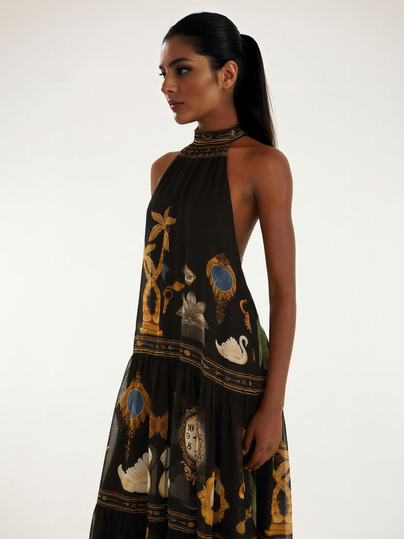 Retro Art Print Backless Layered Maxi Dress