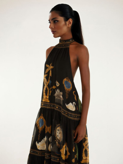 Retro Art Print Backless Layered Maxi Dress