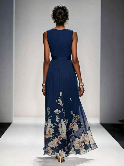 Elegant Floral Print V-neck Maxi Dress