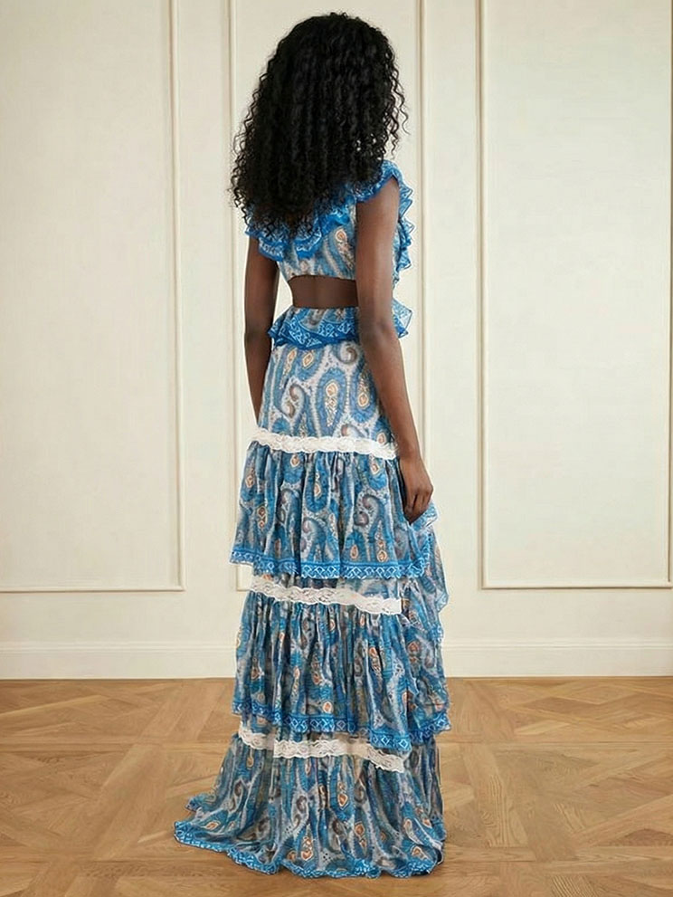 Elegant Paisley Print Ruffle Deep V Cut-Out High-Low Maxi Dress