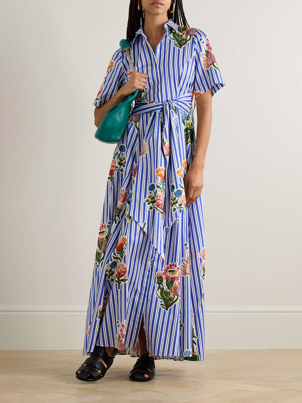 Classic Striped Floral Print Collared Belted Shirt Maxi Dress