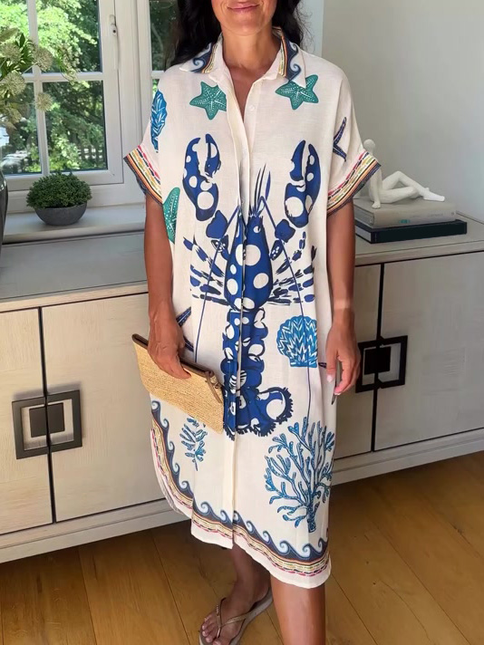 Unique Lobster Ocean Print Shirt Midi Dress