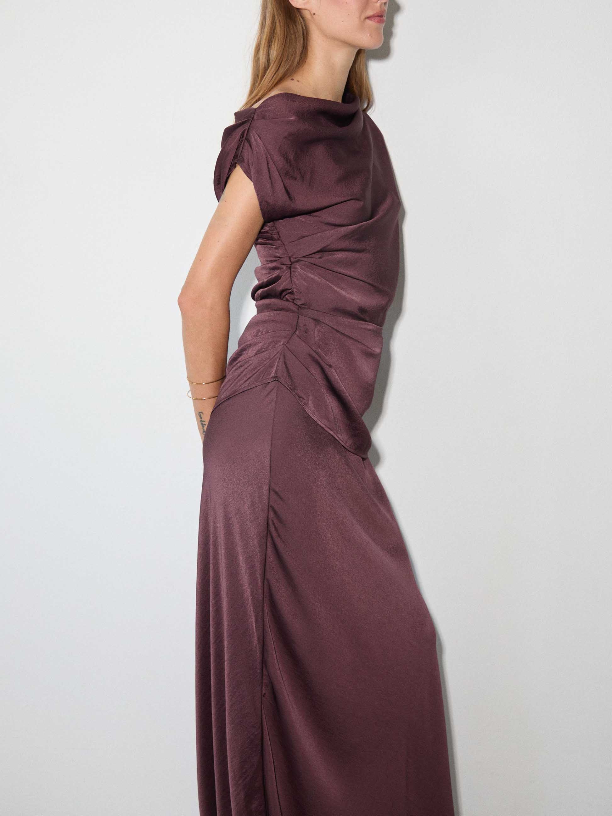 Elegant Asymmetrical Drape Satin Top & Maxi Skirt Two-Piece Set