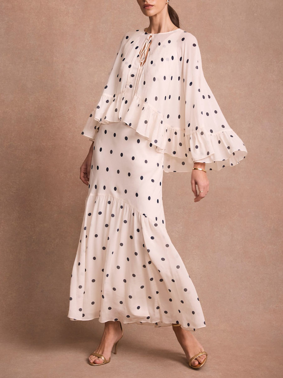 Elegant Polka Dot Ruffle Layered Chiffon Cape Maxi Dress
