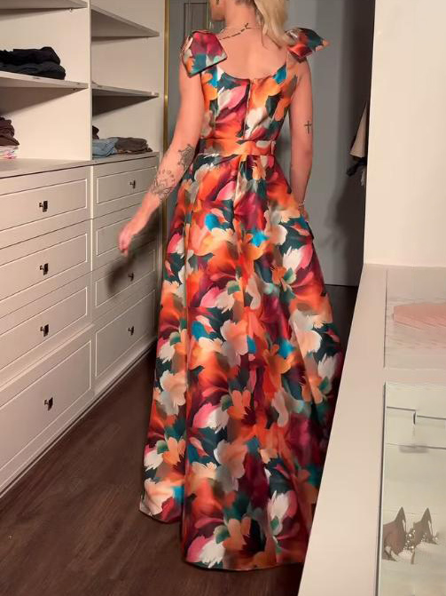 Elegant Floral Print Bow A-line Maxi Dress