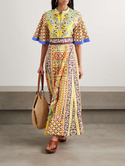Elegant Satin Unique Paisley Print Cinched Waist Maxi Dress