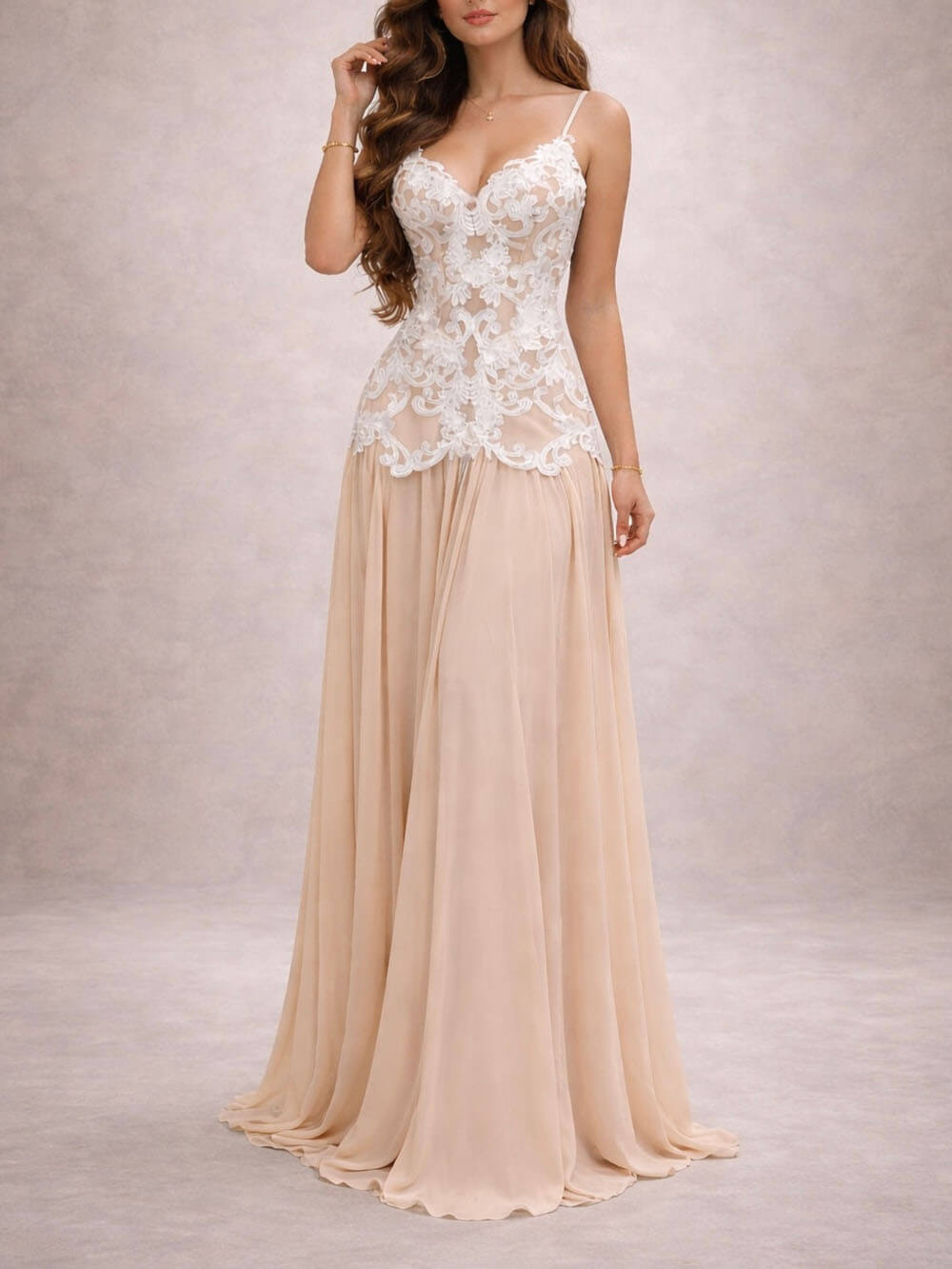 Exquisite Lace-Trim Backless Adjustable Strap Maxi Dress