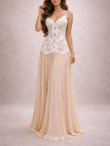 Exquisite Lace-Trim Backless Adjustable Strap Maxi Dress