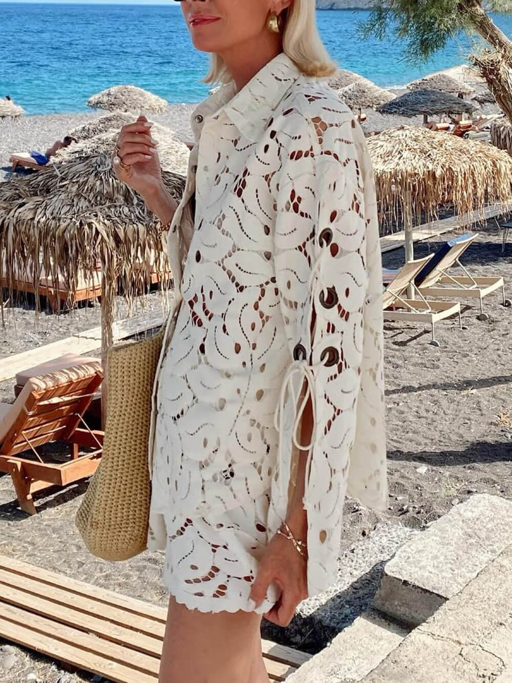 Vintage Exquisite Lace Crochet Slit Sleeve Top And Shorts Set