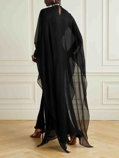 Elegant High-neck Silver-printed Loose Robe Chiffon Dress