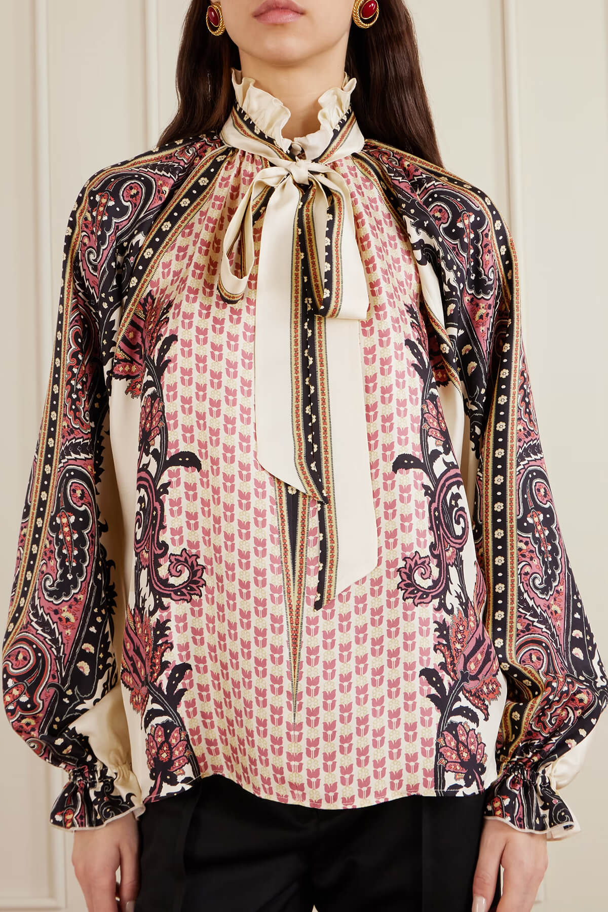 Exquisite Bow Ruffle Floral Printed Satin Twill Blouse