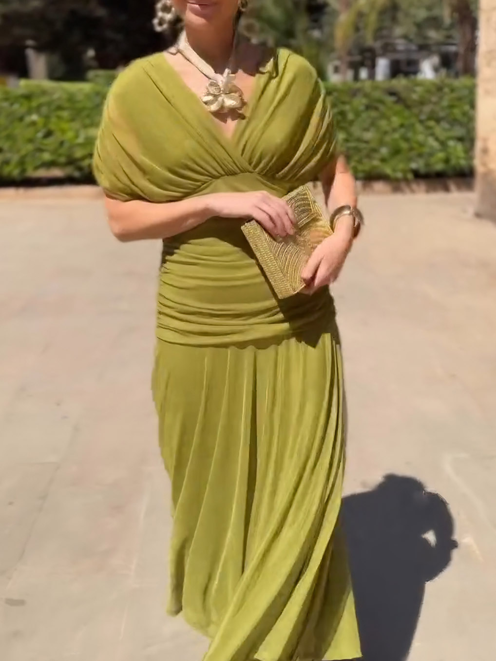 Elegant V-Neck Pleated Flowing Maxi Dress