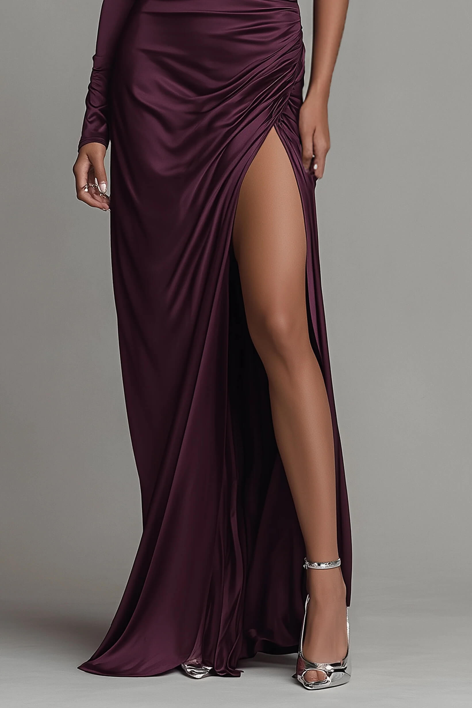Elegant Minimalist Satin Ruched One-Shoulder Long-Sleeve Maxi Dress