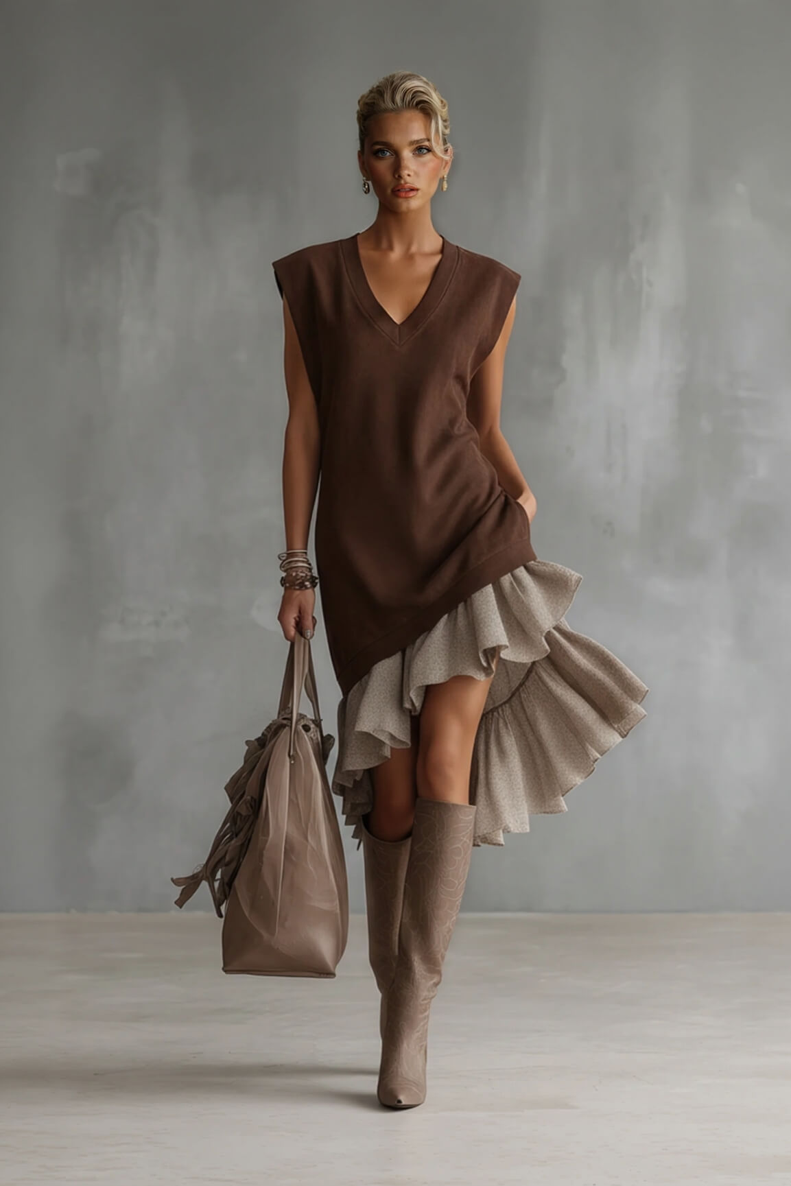 Elegant Asymmetrical Ruffled Hem Sleeveless Midi Dress