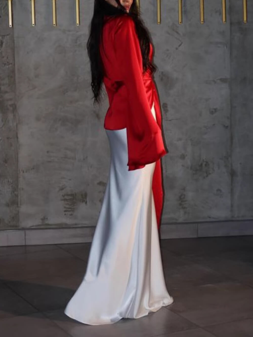 Elegant Satin Red & White Color-Block Bell Sleeve Gown Maxi Dress