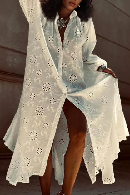 Casual Cutout Lace Crochet Ruffle Maxi Dress