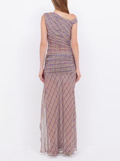 Retro Check Plaid Print Asymmetric Ruched Slit Maxi Dress