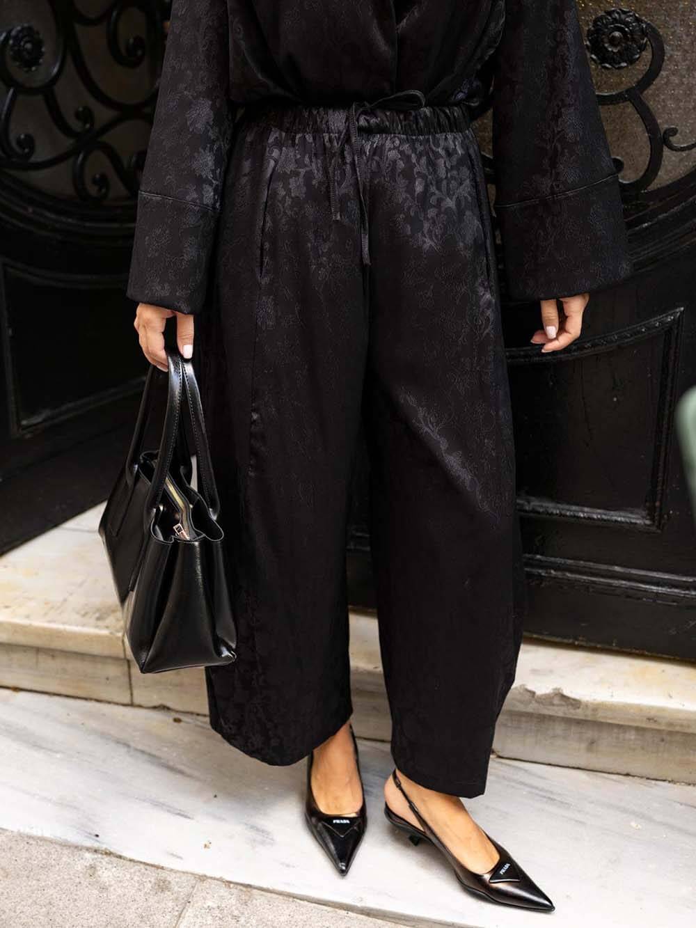 Vintage Satin Black Printed Button Detail Shirt