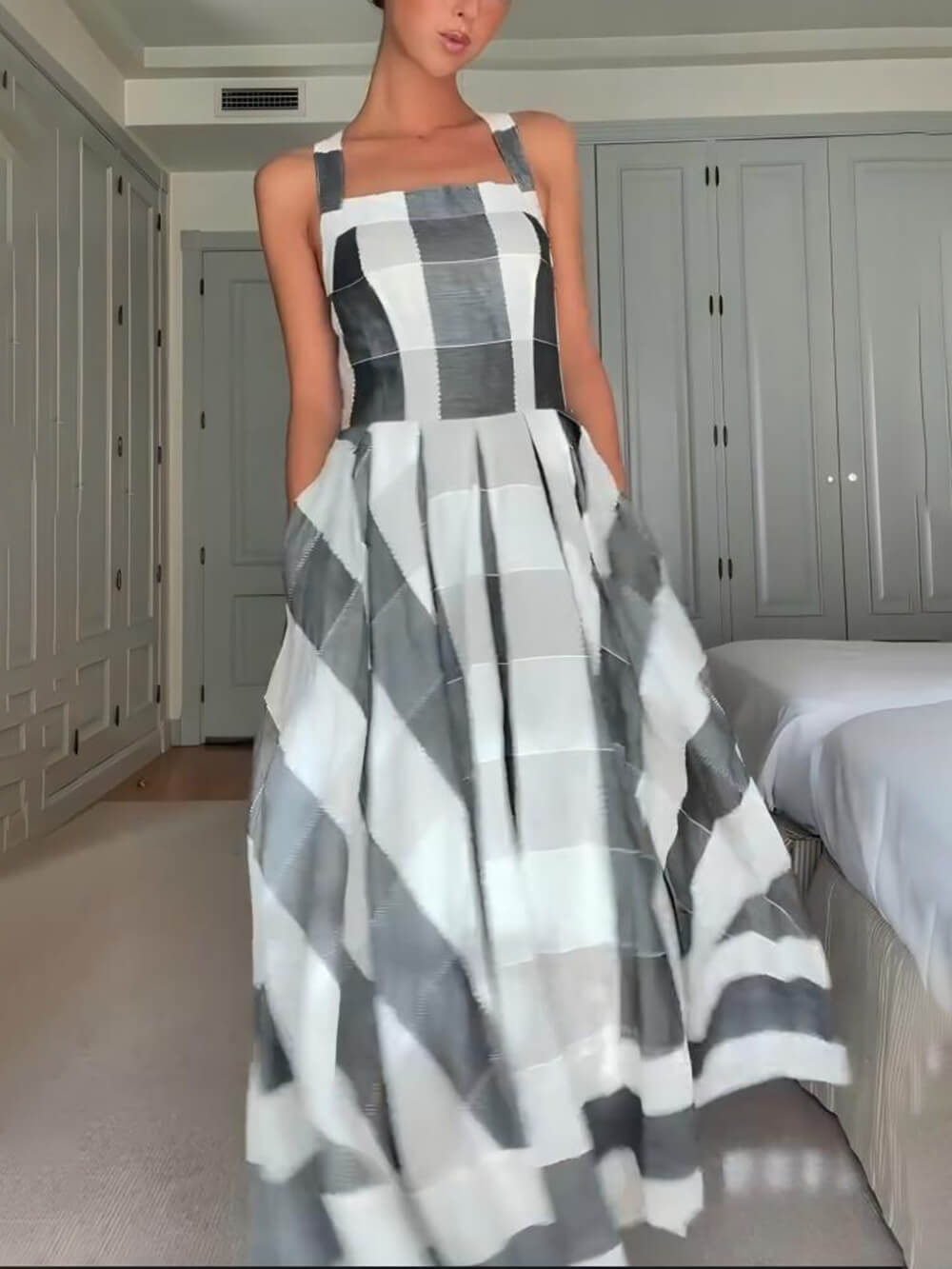 Classic Casual Plaid Print Pleated A-Line Maxi Dress