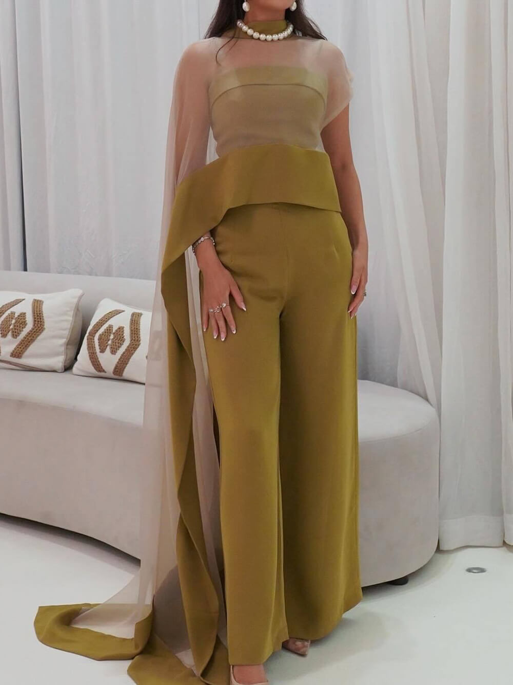 Elegant and Sexy Mesh Cape Jumpsuit Two-Piece Set