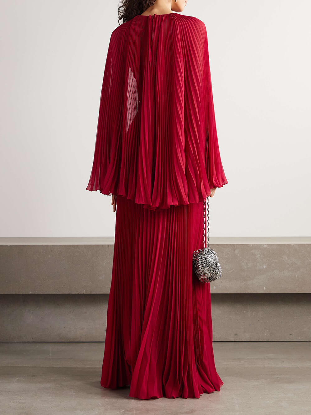Exquisite Cape Effect Pleated Chiffon Maxi Dress