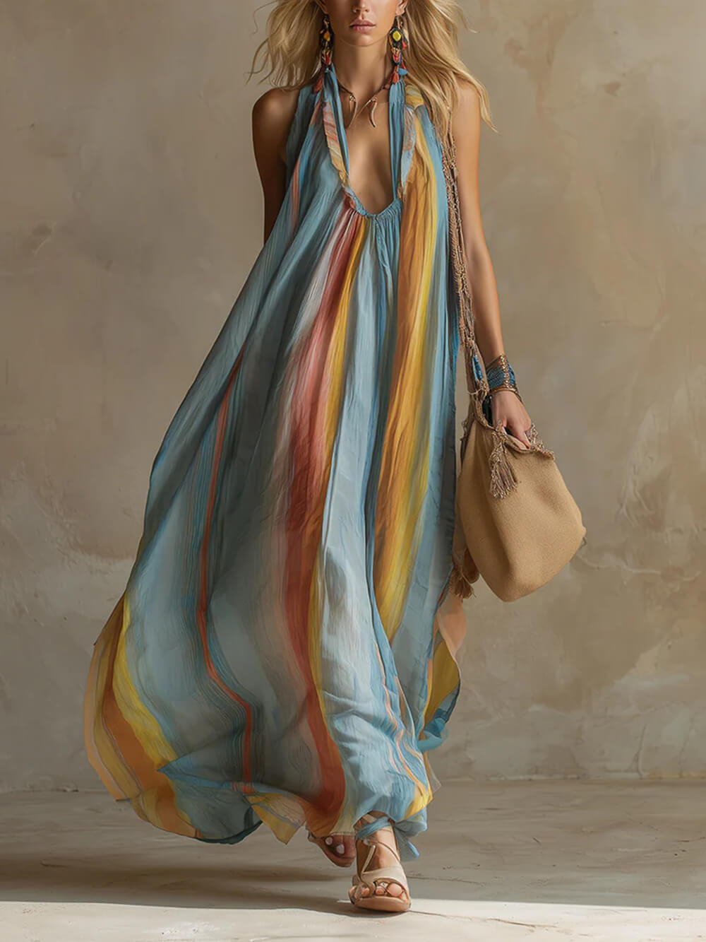 Exquisite Romantic Vacation Blue Rainbow Print Chiffon Maxi Dress