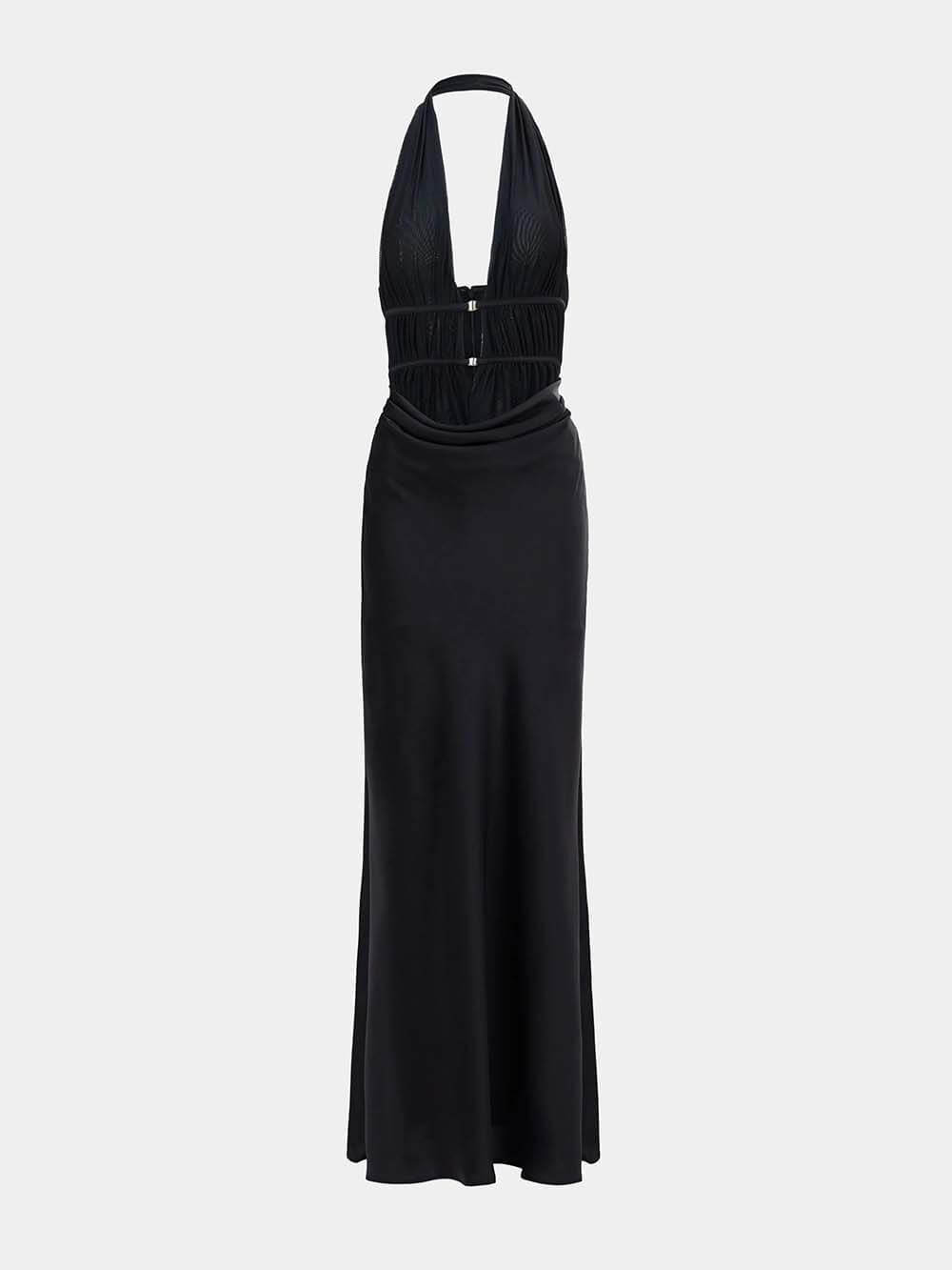 Elegant Mesh Ruched Satin Backless Maxi Dress