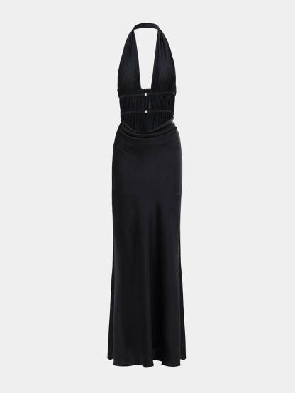 Elegant Mesh Ruched Satin Backless Maxi Dress