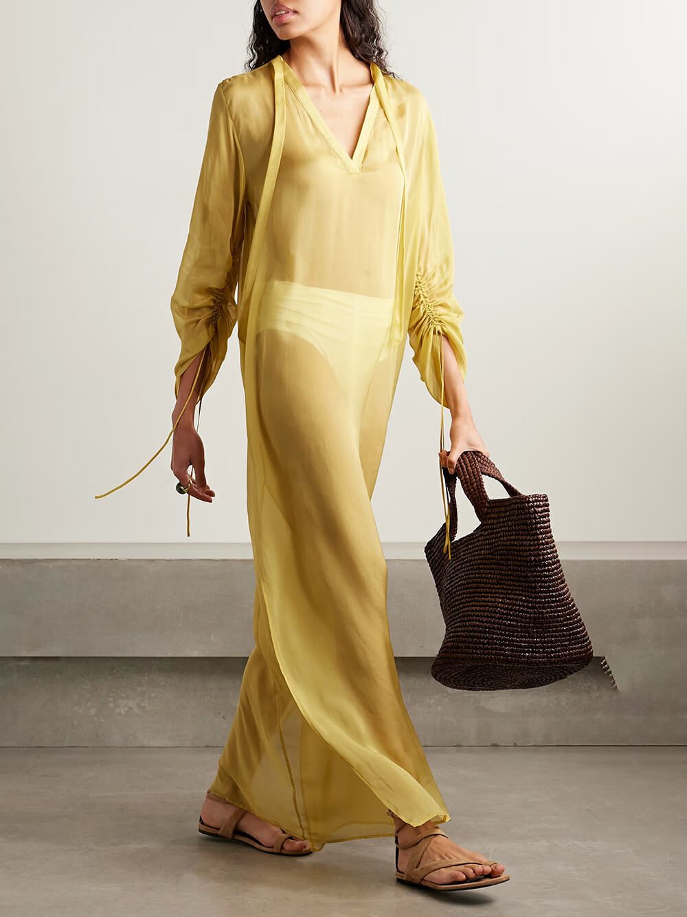 Casual Satin V-Neck Pleated Cuff Maxi Dress