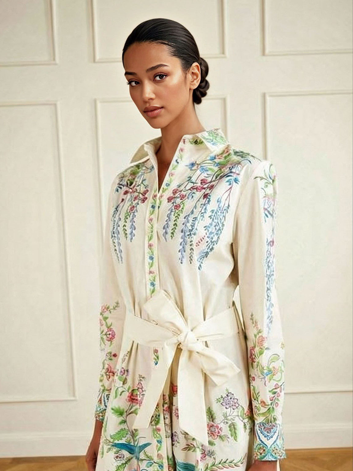 Exquisite Printed Long-Sleeve Shirt Maxi Dress