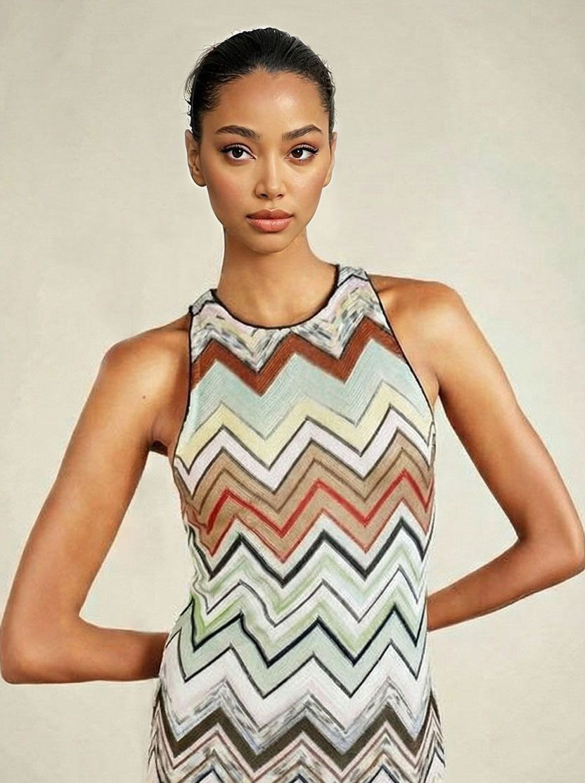 Elegant Geometric Zigzag Print Sleeveless Midi Dress