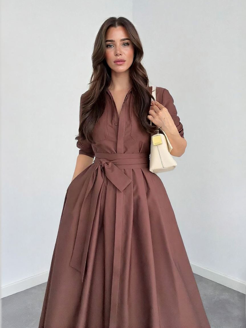 Elegant Long-Sleeve Tie-Waist Shirt Midi Dress