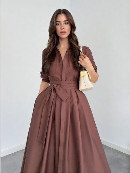 Elegant Long-Sleeve Tie-Waist Shirt Midi Dress