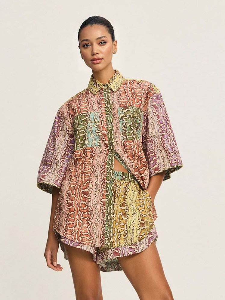 Luxury Patchwork Snakeskin Print Shirt & Shorts Set