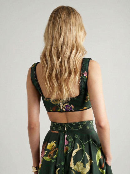 Retro Style Dark Green Floral Print Crop Top & Skirt Set