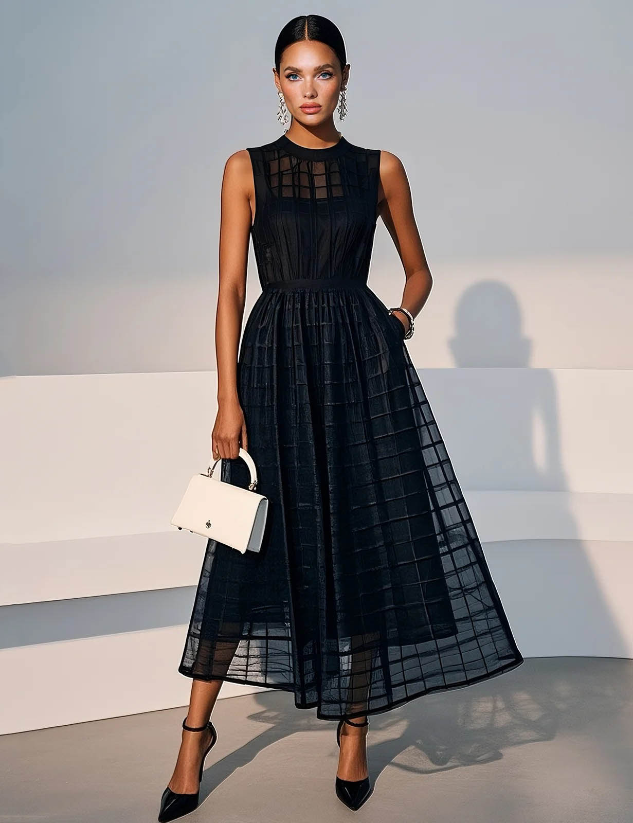 Elegant Sheer Mesh Pattern Midi Dress