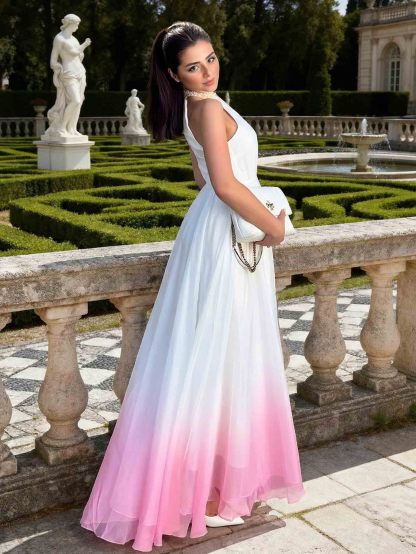 Elegant Gradient Pleated Backless Maxi Dress