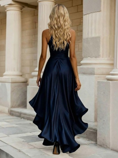 Elegant Satin Sleeveless Ruffle Wrap Maxi Dress