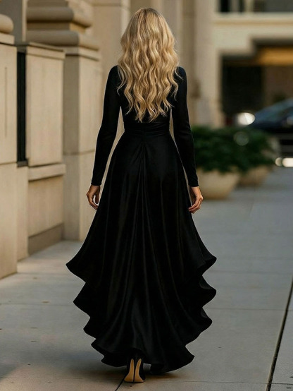 Elegant Satin Ruffle Wrap-style Maxi Dress