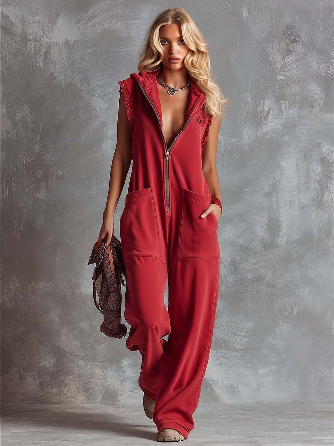 Retro Hooded V-Neck Zip-Front Jumpsuit