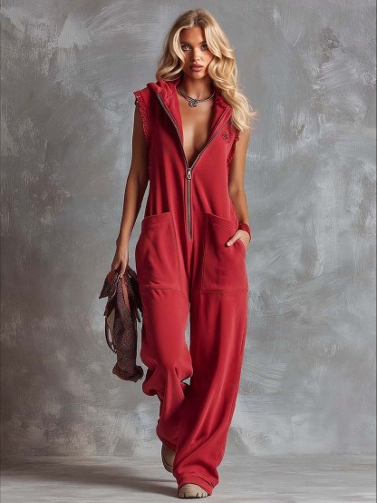 Retro Hooded V-Neck Zip-Front Jumpsuit