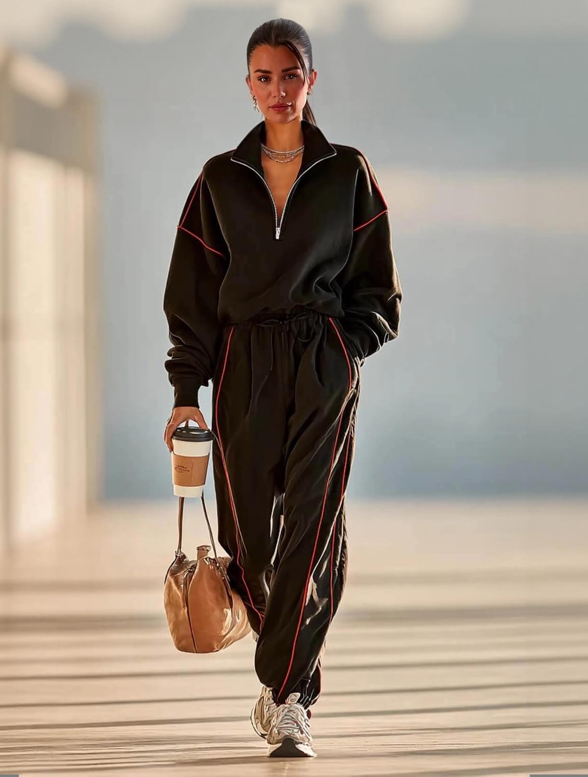 Minimalist Red Trimmed Zipper Neck Long Sleeve Sweatshirt And Sweatpants Set