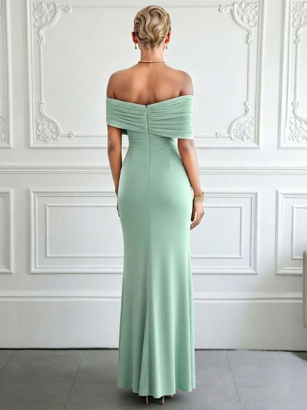 Elegant Off-Shoulder Ruched Slit Maxi Dress