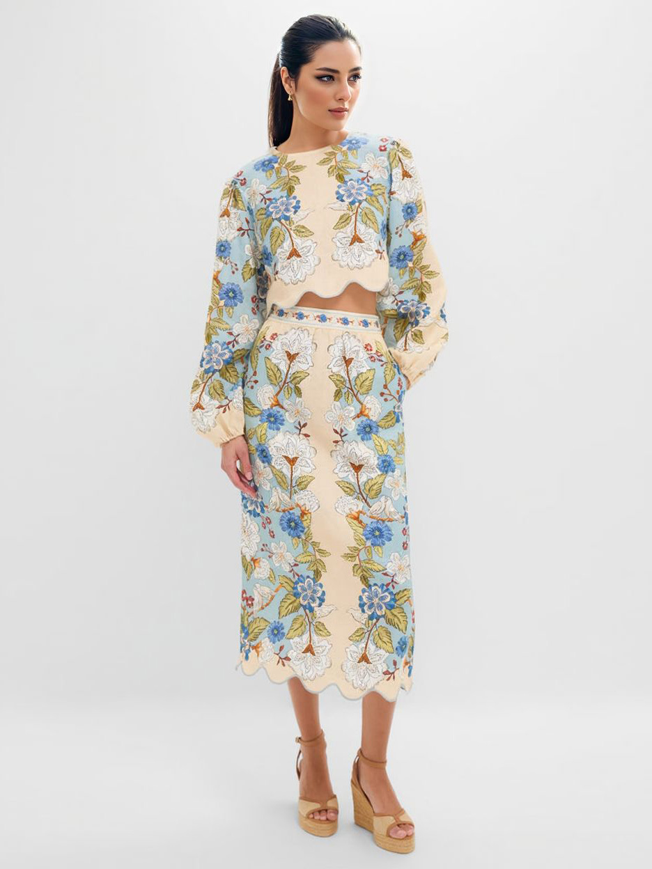 Retro Floral Embroidered Crop Top & Midi Skirt Two-Piece Set