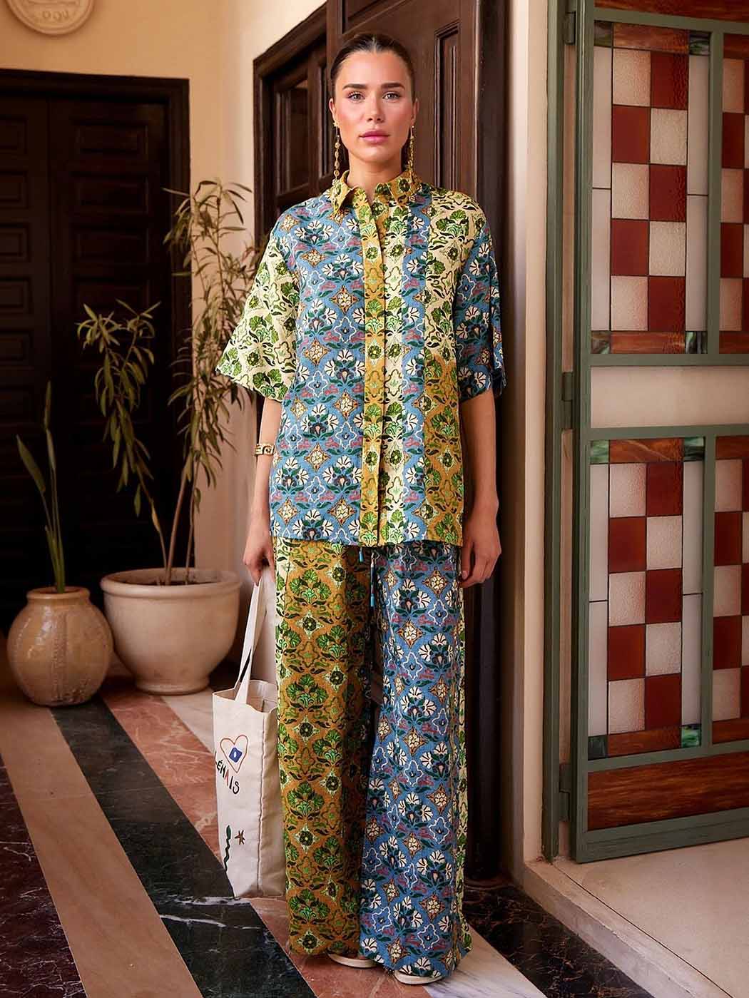Retro Art Print Shirt & Wide-Leg Pants Two-Piece Set