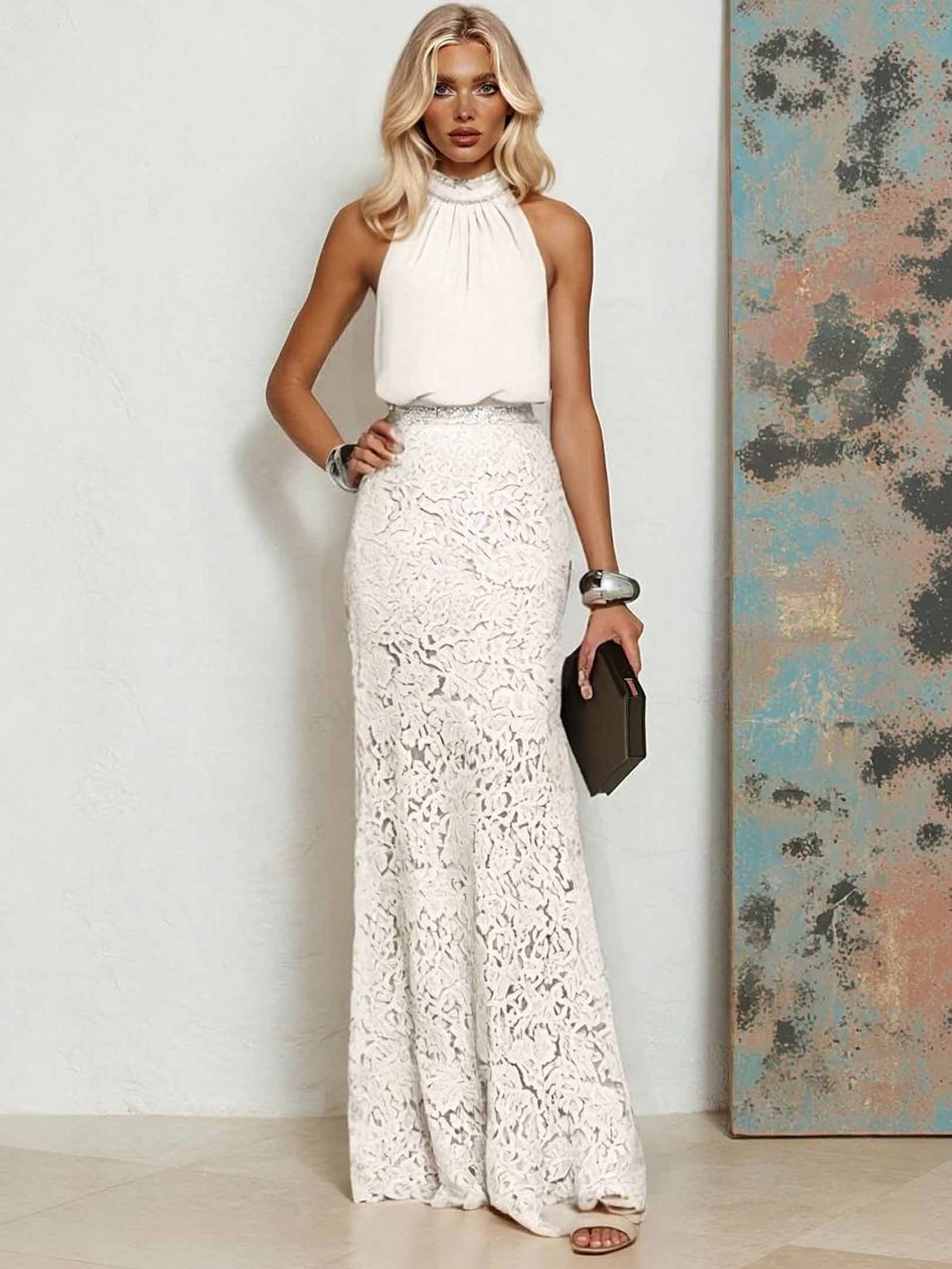 Elegant Chiffon Lace Backless Mermaid Maxi Dress